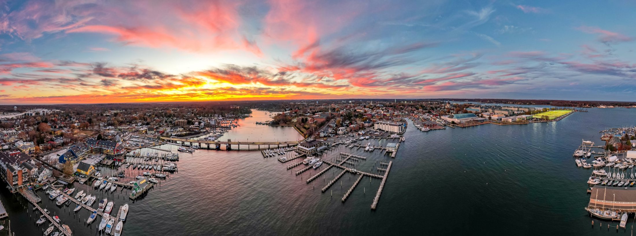 Aerial view of Annapolis harbor at sunset.